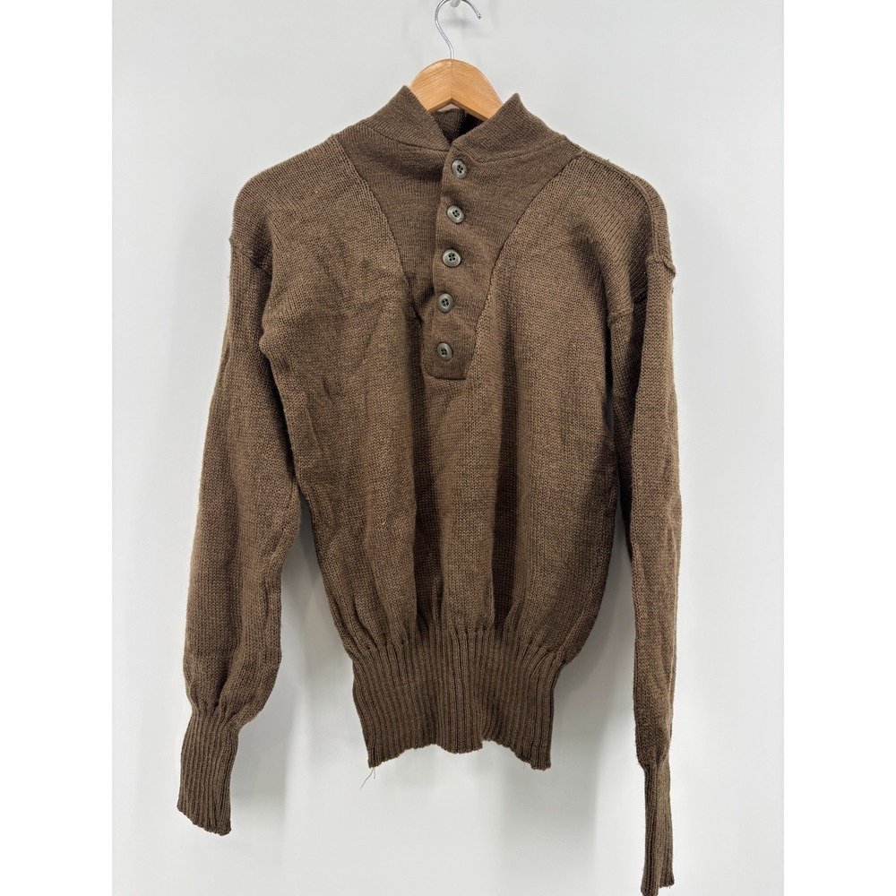 US Military 5 Button Sweater Mens Brown Wool Knitted Henley Small 1985 Vintage